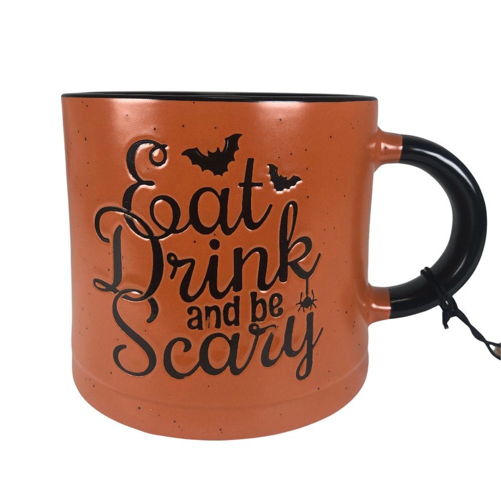Eat Drink and be Scary Orange & Black Ceramic Mug Cup w/ Bats Halloween Spooky